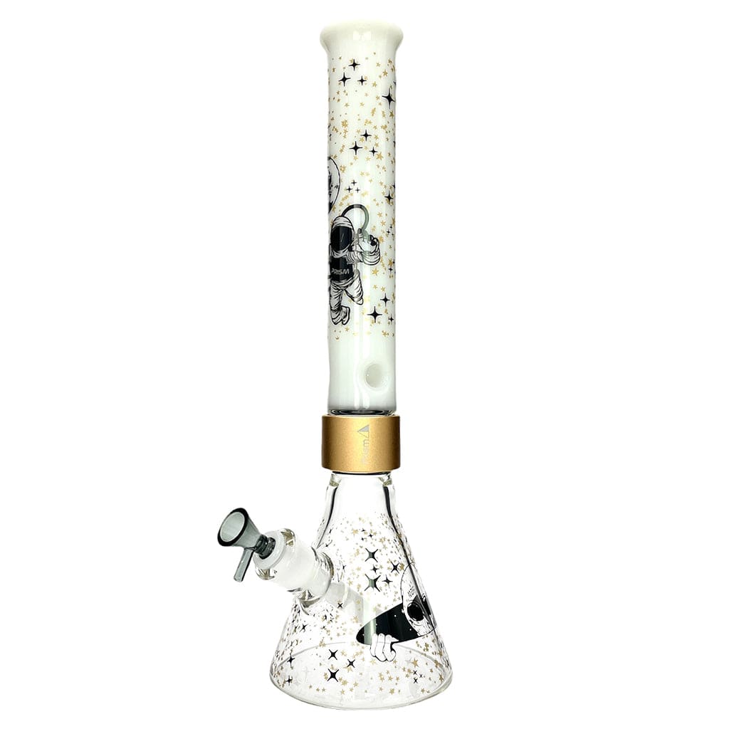 Vertical front view of the Prism Halo Spaced Out Beaker Single Stack showing a gold-accented white tube and clear beaker decorated with black astronaut and gold star motifs.