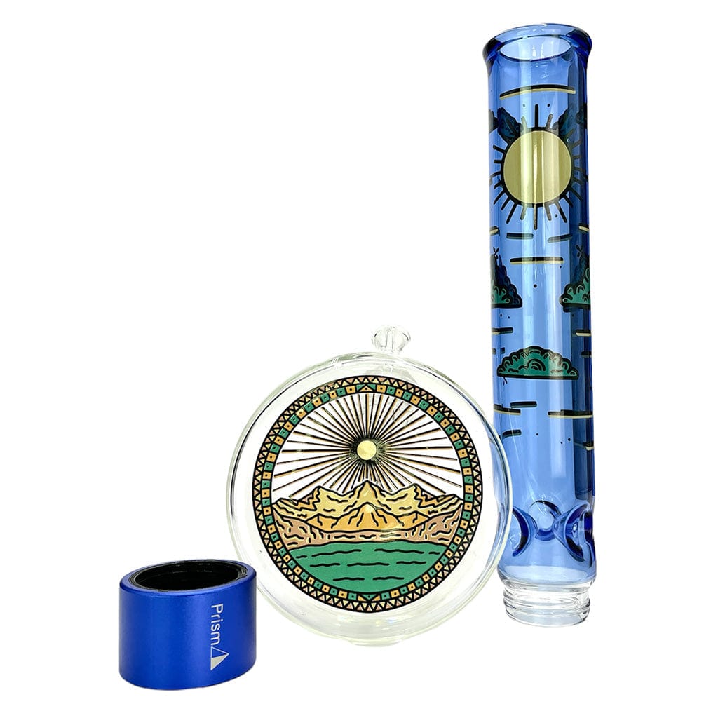 A side view of the HALO DESERT DREAM'N BEAKER SINGLE STACK, showing vibrant desert-themed graphics on clear glass.