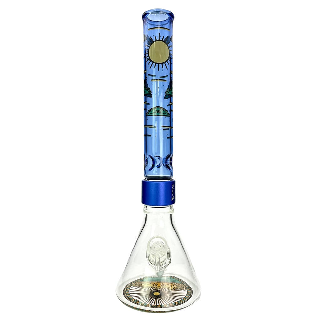 Front view of the HALO DESERT DREAM'N BEAKER SINGLE STACK, showing a clear glass beaker with a patterned neck and single stack design.