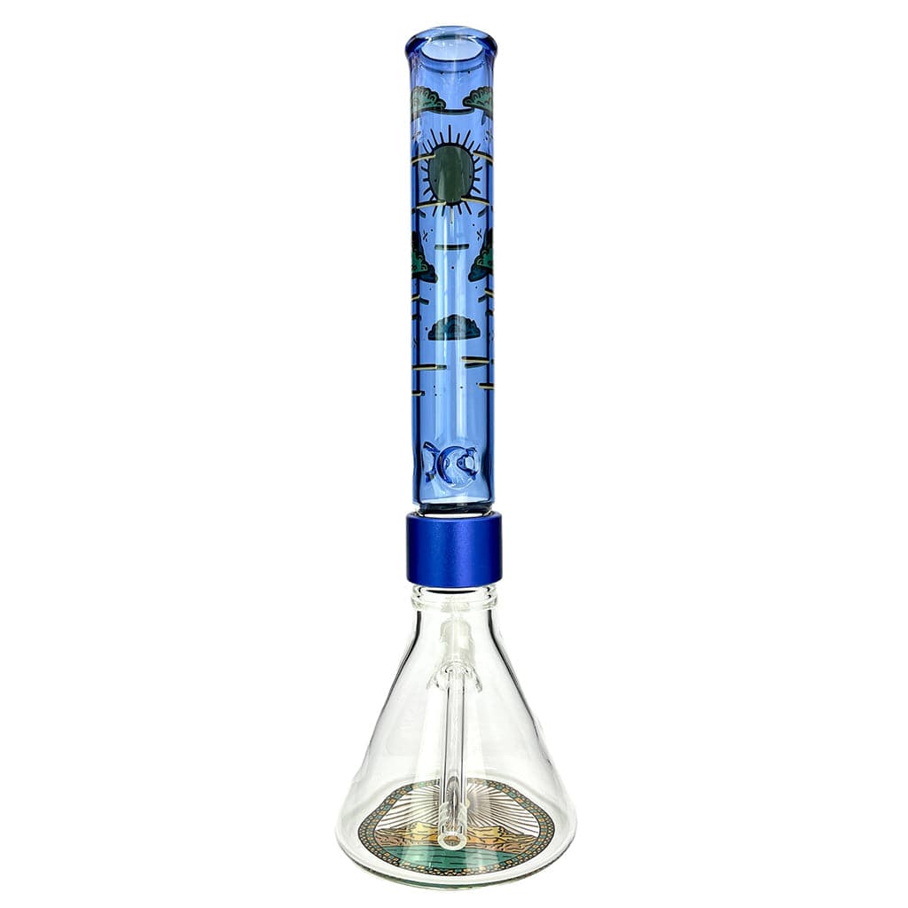 Front view of the HALO DESERT DREAM'N BEAKER SINGLE STACK, a clear glass beaker with colorful desert-themed graphics.