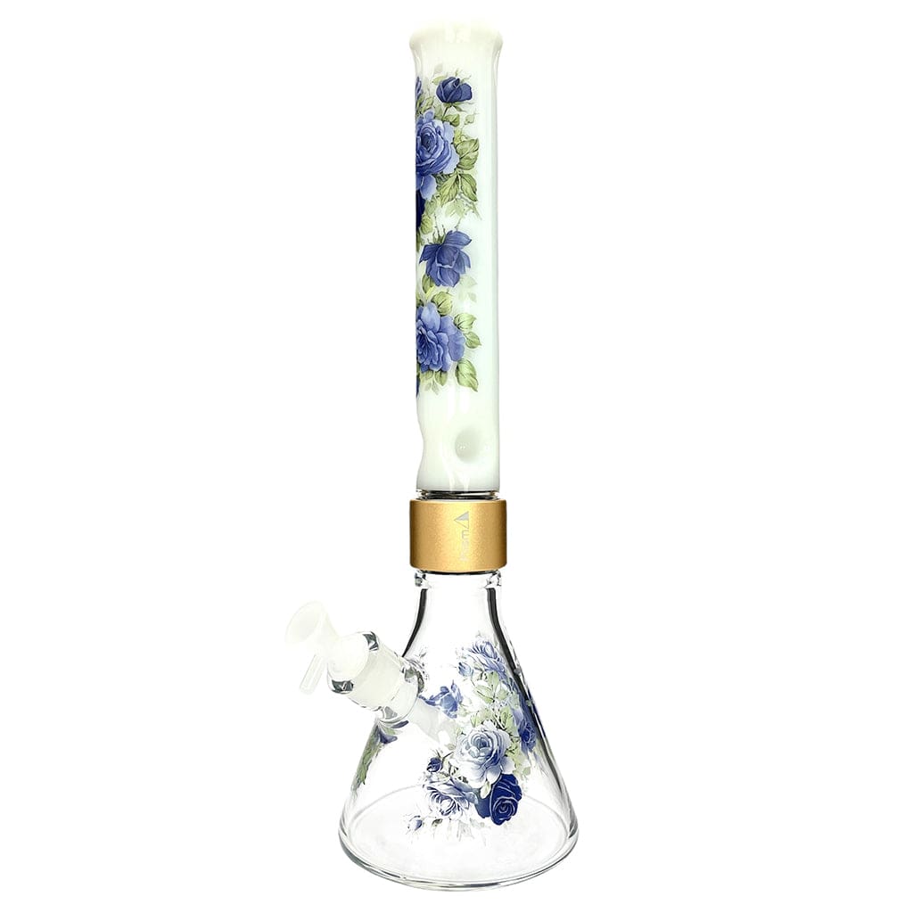 Front view of the Prism Halo Moonlight Rose Beaker Single Stack showing a tall white neck and clear beaker base adorned with blue rose decals and a gold band.