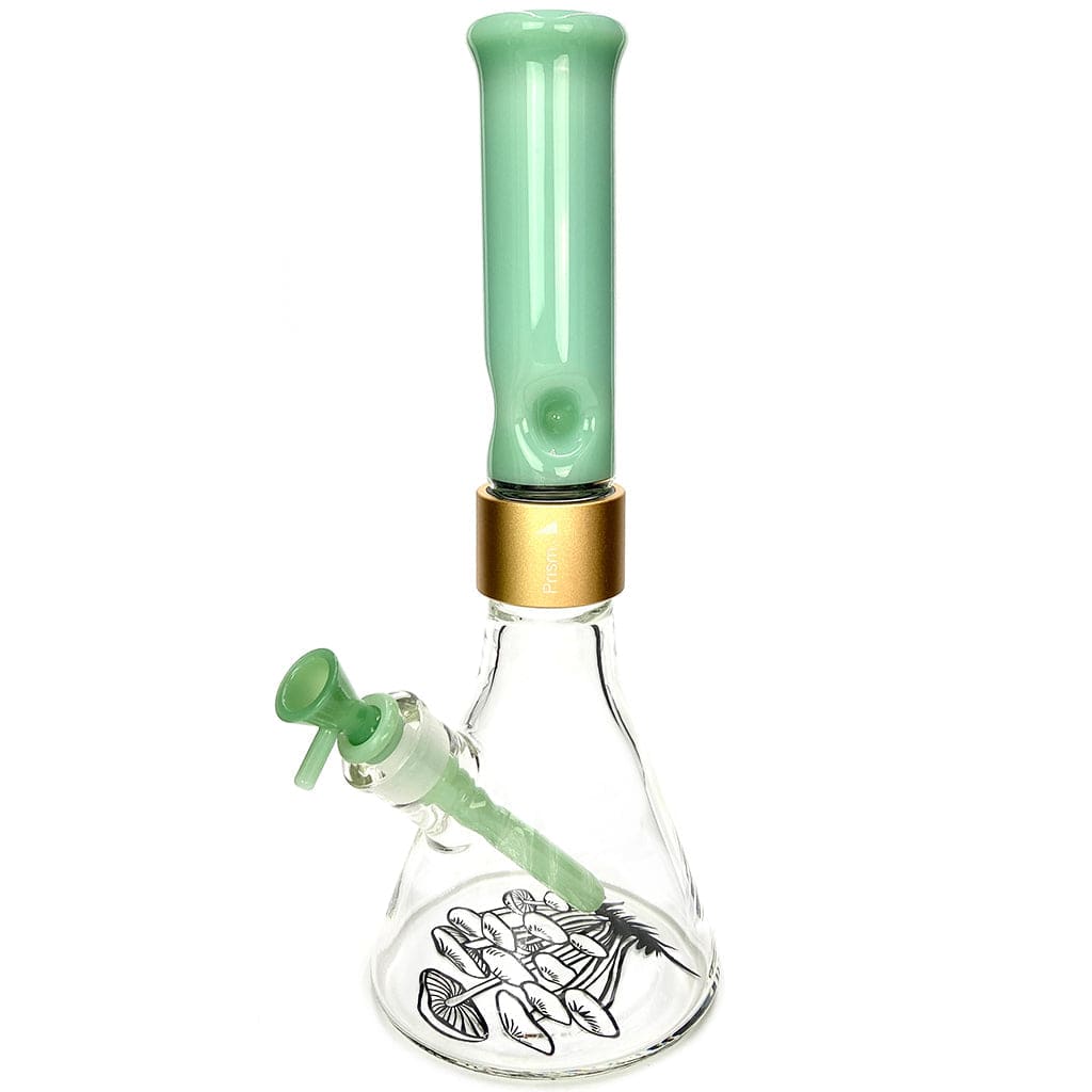 Centered front view of the Prism Halo Mushroom Beaker Single Stack showing a clear glass beaker with black mushroom artwork, a gold band, and a mint-green mouthpiece and downstem.