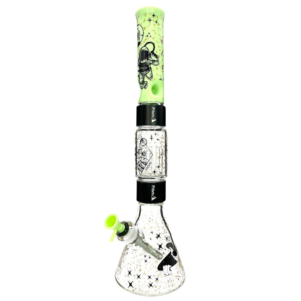 Front view of the Prism Halo Spaced Out Beaker Double Stack with neon green mouthpiece and astronaut graphics on a white background