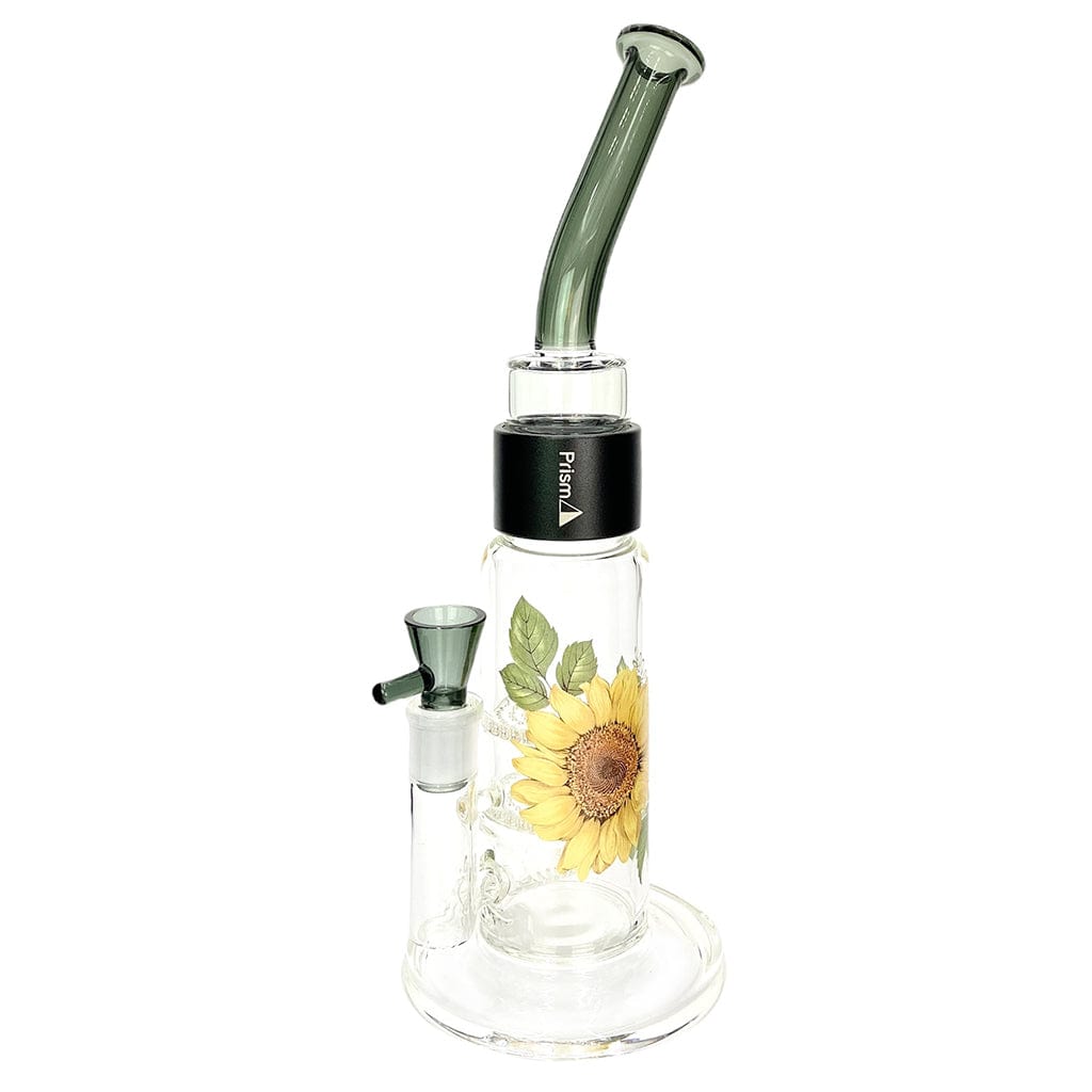 Angled front view of the Prism Halo Sunflower Big Honeycomb Single Stack glass piece with a sunflower decal on the main tube and green-tinted mouthpiece.