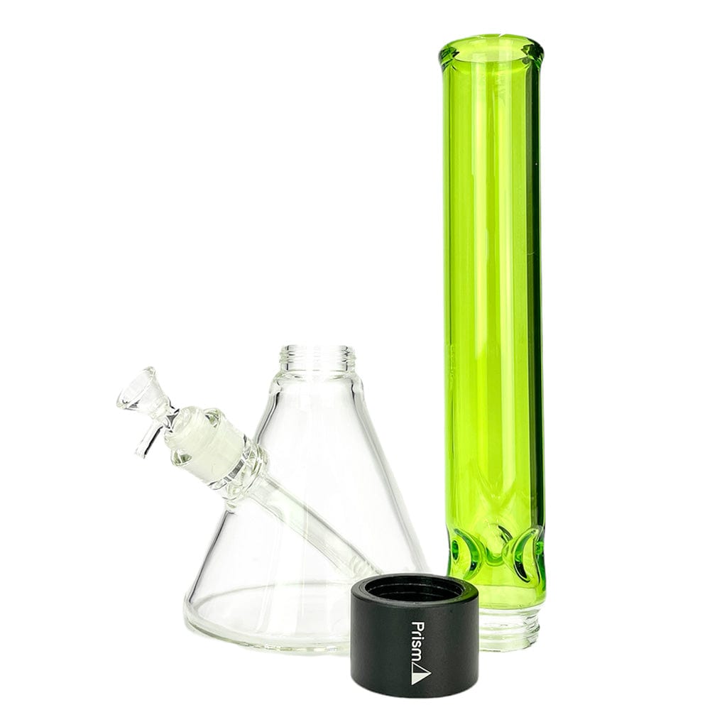 Angled view of the Prism Halo Tall Beaker Single Stack showing a clear conical glass base, a vertical lime-green cylindrical tube, and a black branded adapter in front.