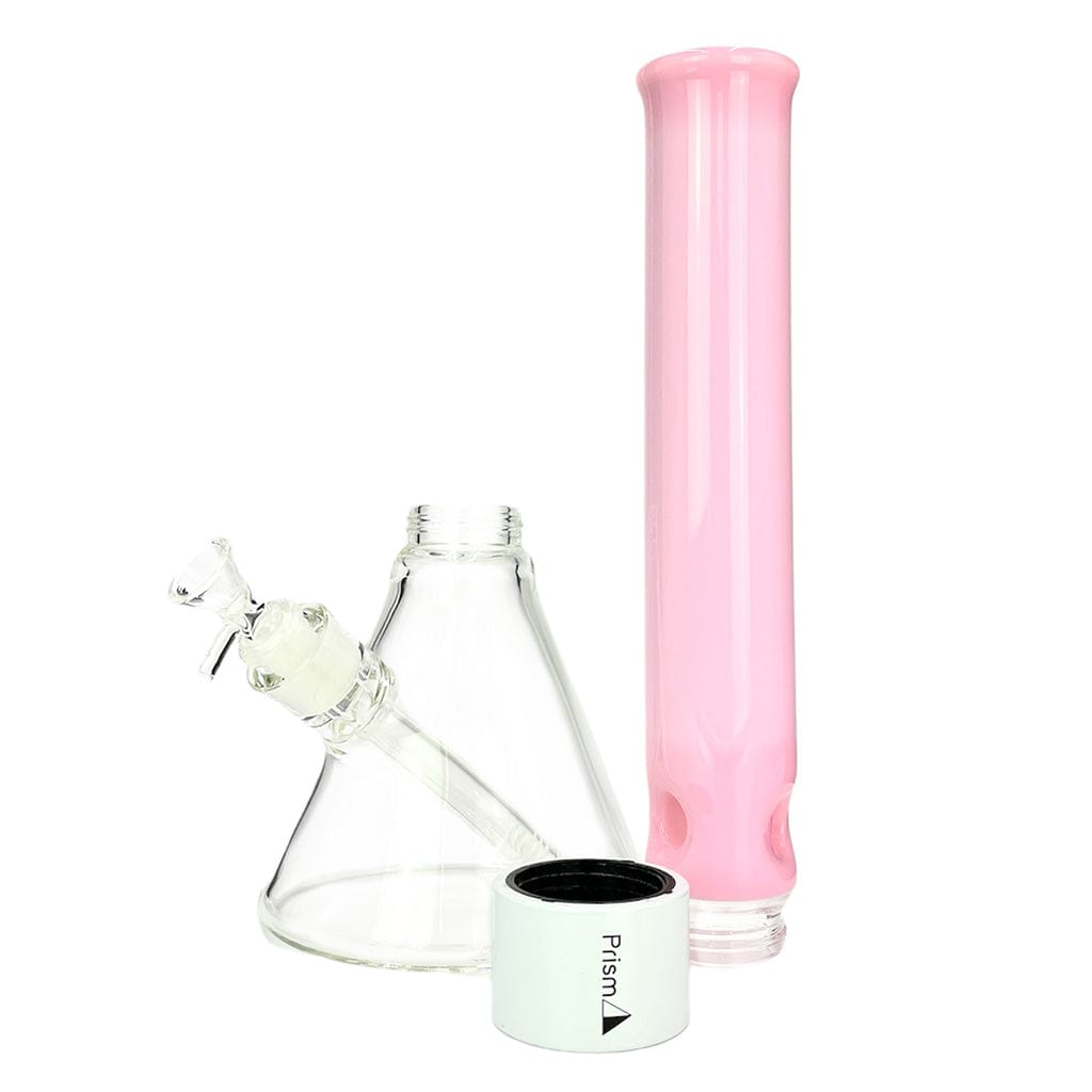 Studio-style front view of the Prism Halo Tall Beaker Single Stack showing a clear glass beaker base, a pink tall cylindrical tube, and a white Prism-branded connector.