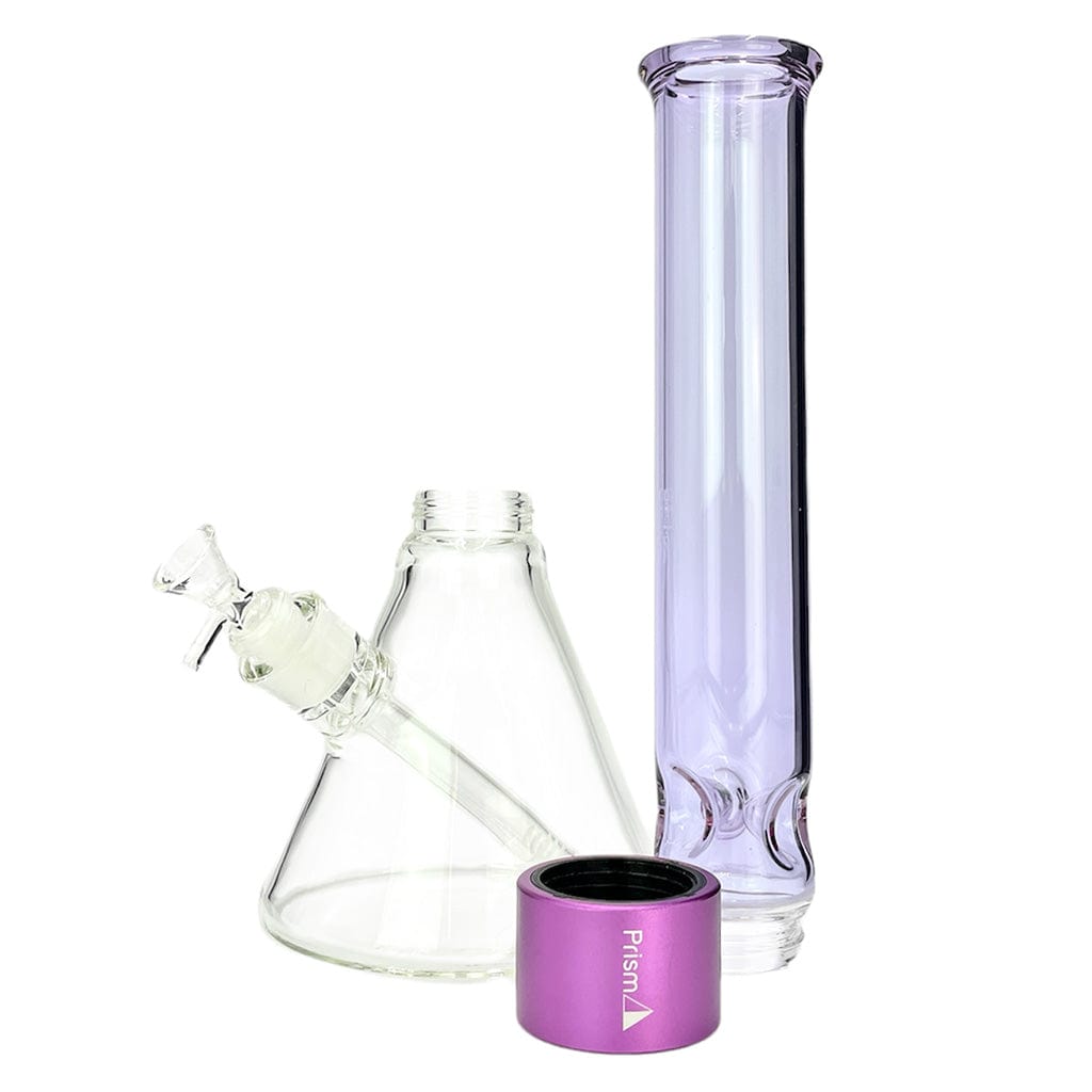Front three-quarter view of the Prism Halo Tall Beaker Single Stack showing a lavender tall tube, clear conical beaker base with downstem, and a purple metal stacking ring.