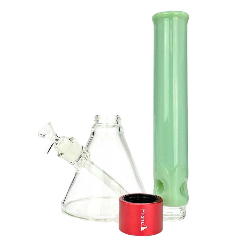 Studio-lit front view of the Prism Halo Tall Beaker Single Stack showing a mint green tall tube, clear beaker base, and red band.