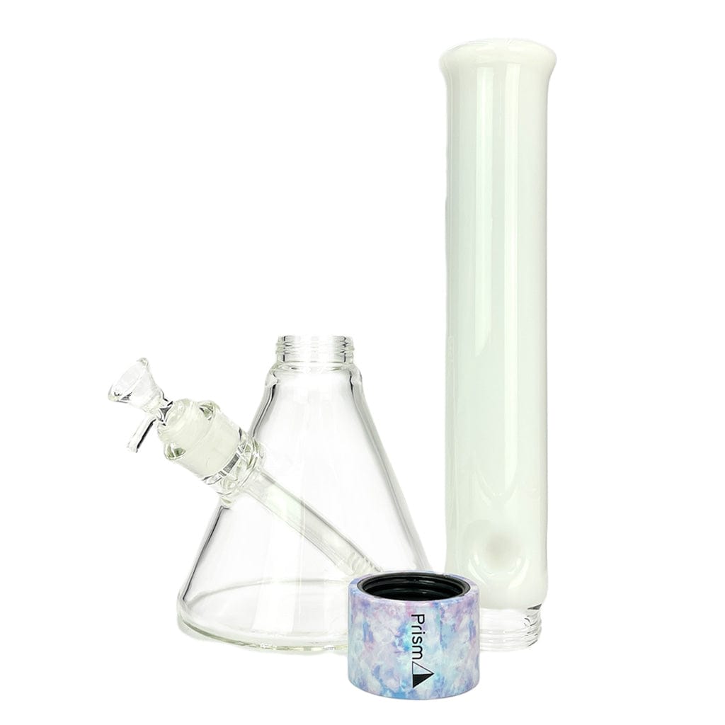 Studio-lit front view of the Prism Halo Tall Beaker Single Stack showing a clear glass beaker base, tall white tube, and decorative ring.