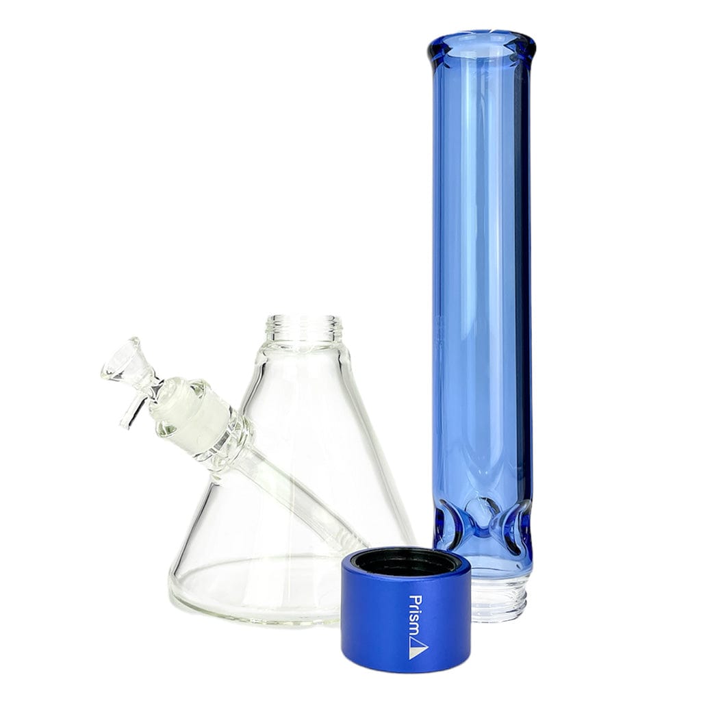 Studio-style front view of the Prism Halo Tall Beaker Single Stack showing a clear conical beaker, a tall blue cylindrical tube, and a blue metal base with the Prism logo.