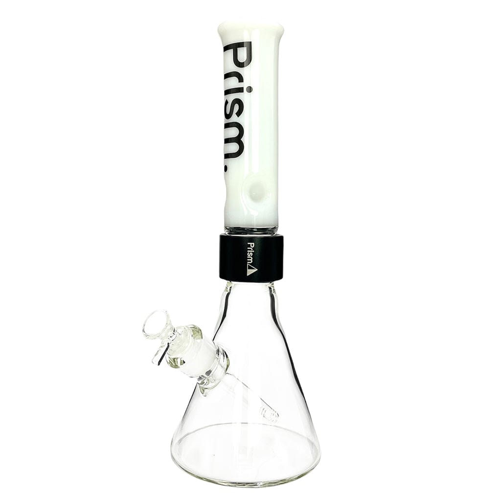 Center-front view of the Prism Halo White Prism Beaker Single Stack showing its white cylindrical upper section with black "Prism" lettering above a clear glass beaker base against a white background