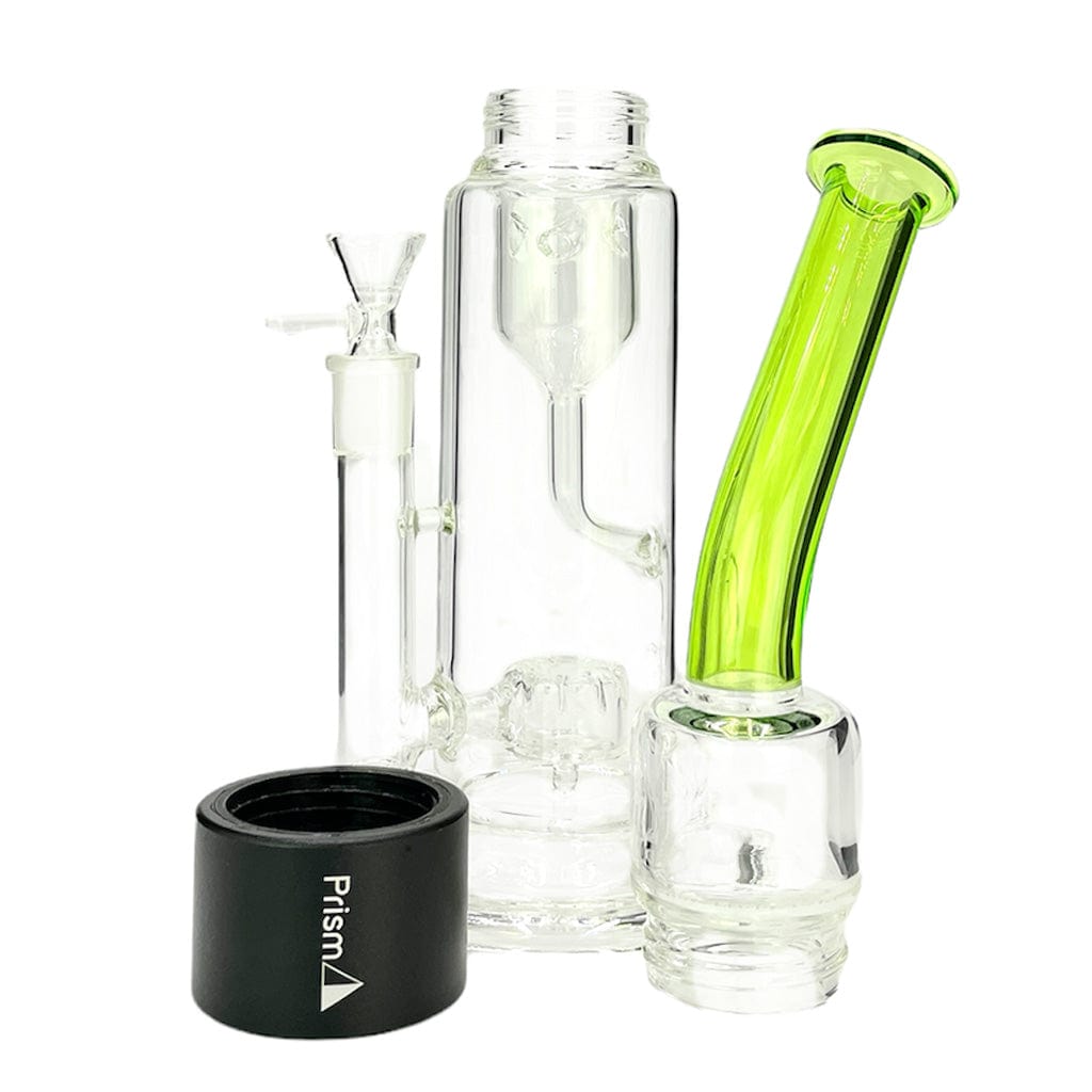 Front three-quarter view of the Prism Klein Incycler Single Stack showing a clear glass main chamber with internal percolators, a tilted translucent lime-green mouthpiece, and a black branded base.