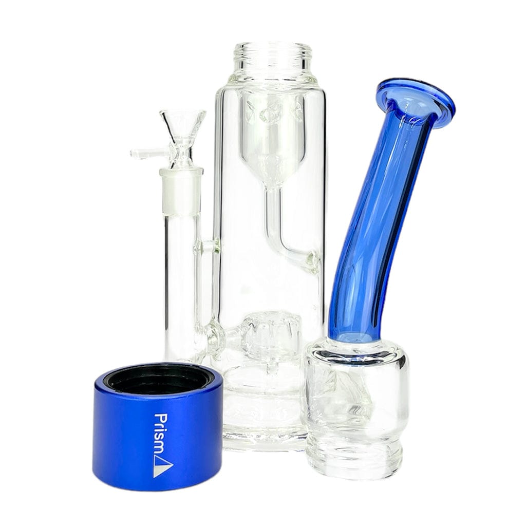 Front-facing shot of the Prism Klein Incycler Single Stack showing clear glass chambers and a tilted blue mouthpiece beside a blue logo cap