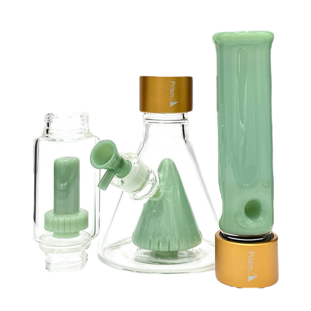 Front-facing studio shot of the Prism Percolated Beaker Double Stack showing clear glass chambers with mint-green percolators and gold-colored caps against a white background