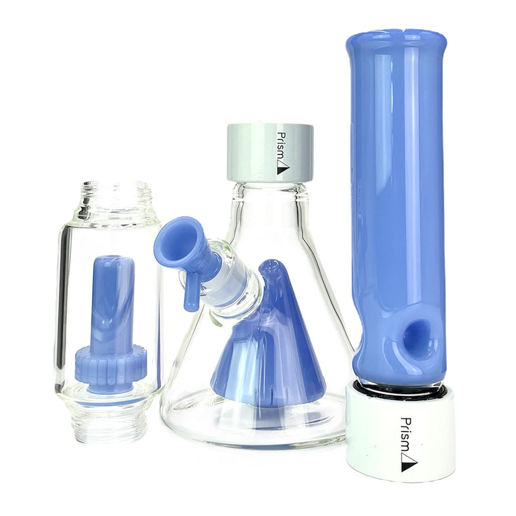 Front view of the Prism Percolated Beaker Double Stack showing clear glass components and blue percolator and mouthpiece arranged on a white background