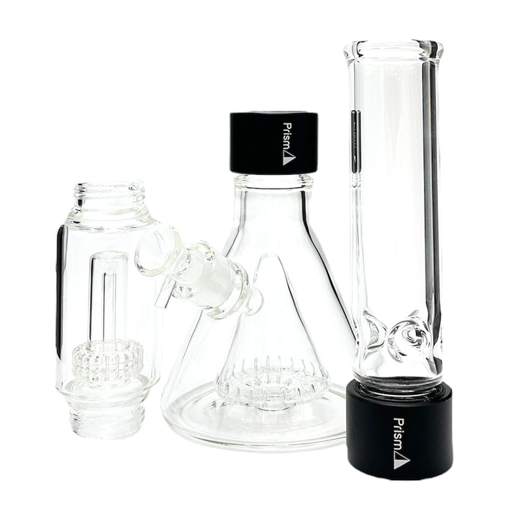 Front view of the Prism Percolated Beaker Double Stack showing two clear glass chambers and a beaker base with black branded caps.