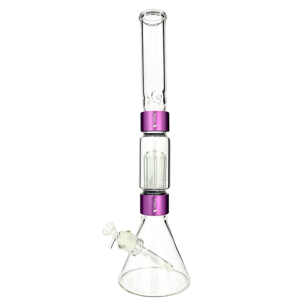 Straight-on view of the Prism Beaker Double Stack showing clear glass chambers with two purple metal connector rings and a beaker base.