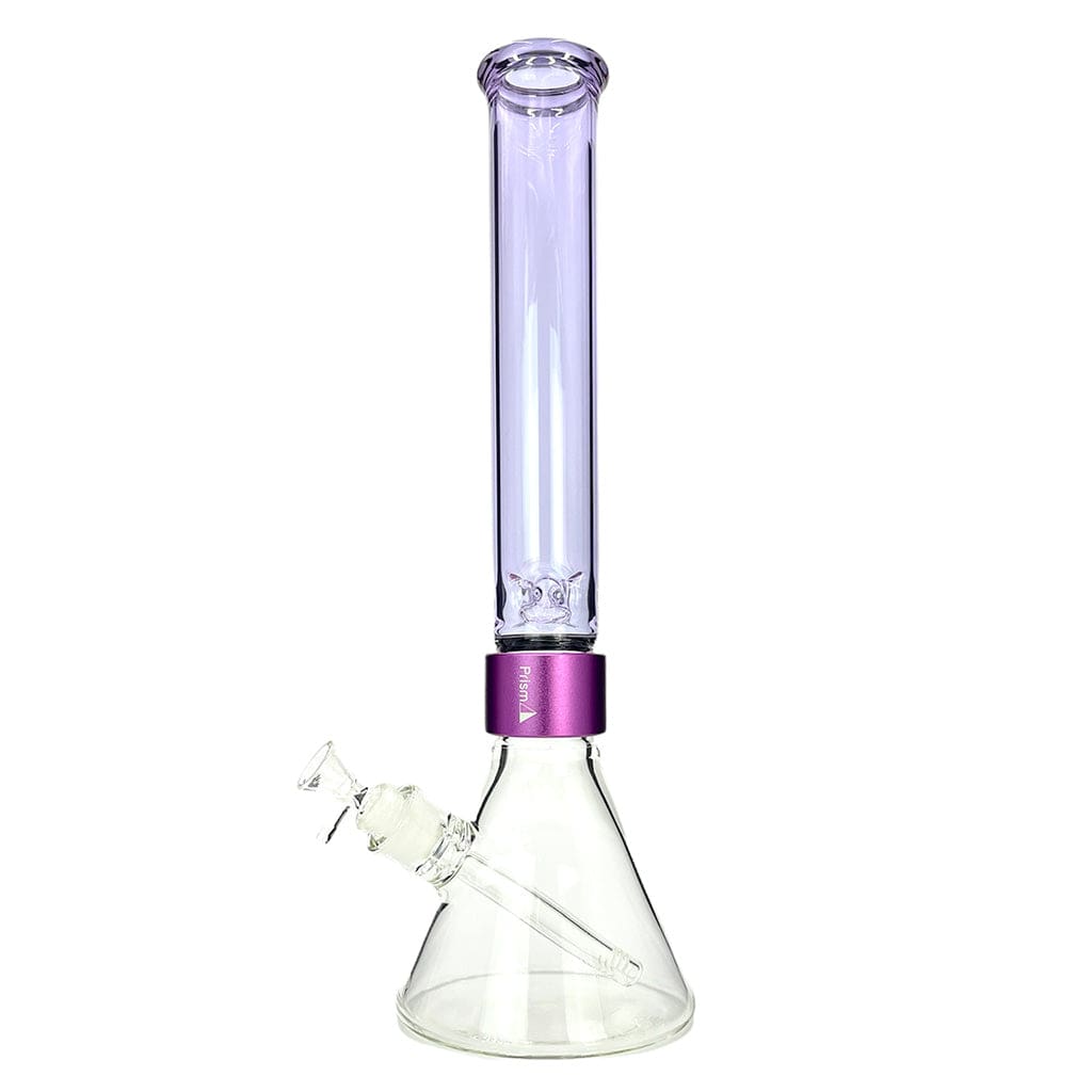 Centered front view of the Prism Halo Tall Beaker Single Stack showing a clear glass beaker base, purple metallic neck band, and a tall translucent purple straight tube against a white background