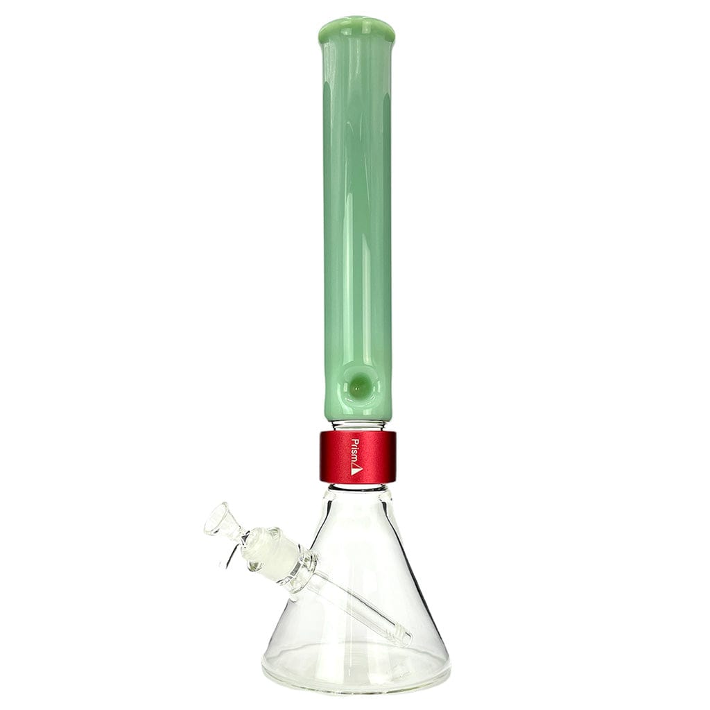 Tall front view of the Prism Halo Tall Beaker Single Stack showing a clear glass beaker base, red collar, and mint green straight tube against a white background