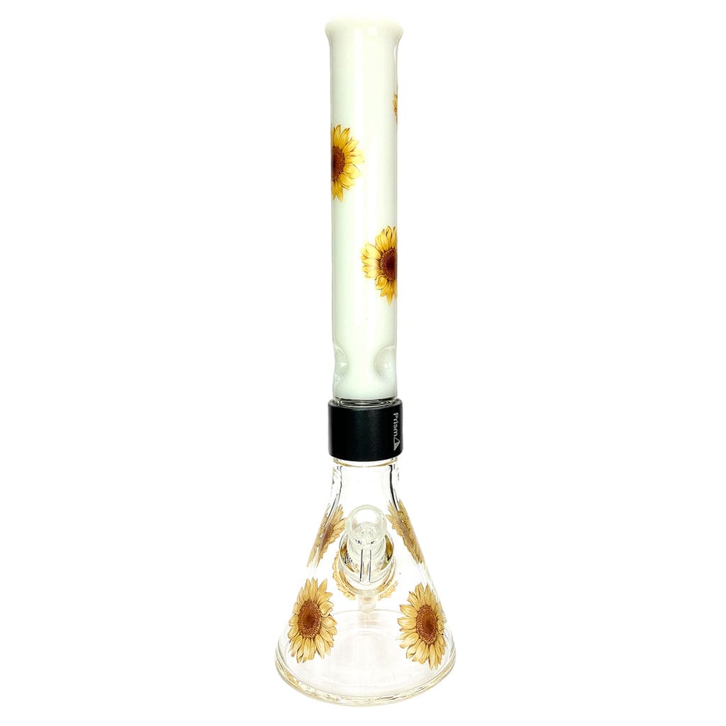 Front view of the Prism Sunflower Beaker Single Stack showing a tall white straight tube and clear beaker base decorated with yellow sunflower graphics.