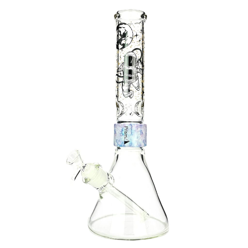 Front view of the Prism Halo Spaced Out Beaker Single Stack showing a clear beaker base and tall straight neck decorated with a black astronaut and moon motif and a tie-dye style collar.