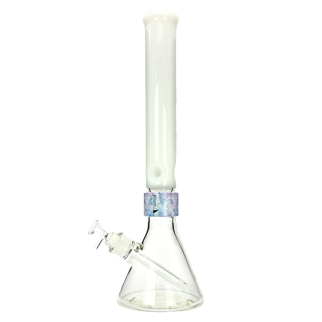 Center-front view of a clear glass beaker with a tall white neck and marbled band, the Prism Halo Tall Beaker Single Stack shown against a white background.