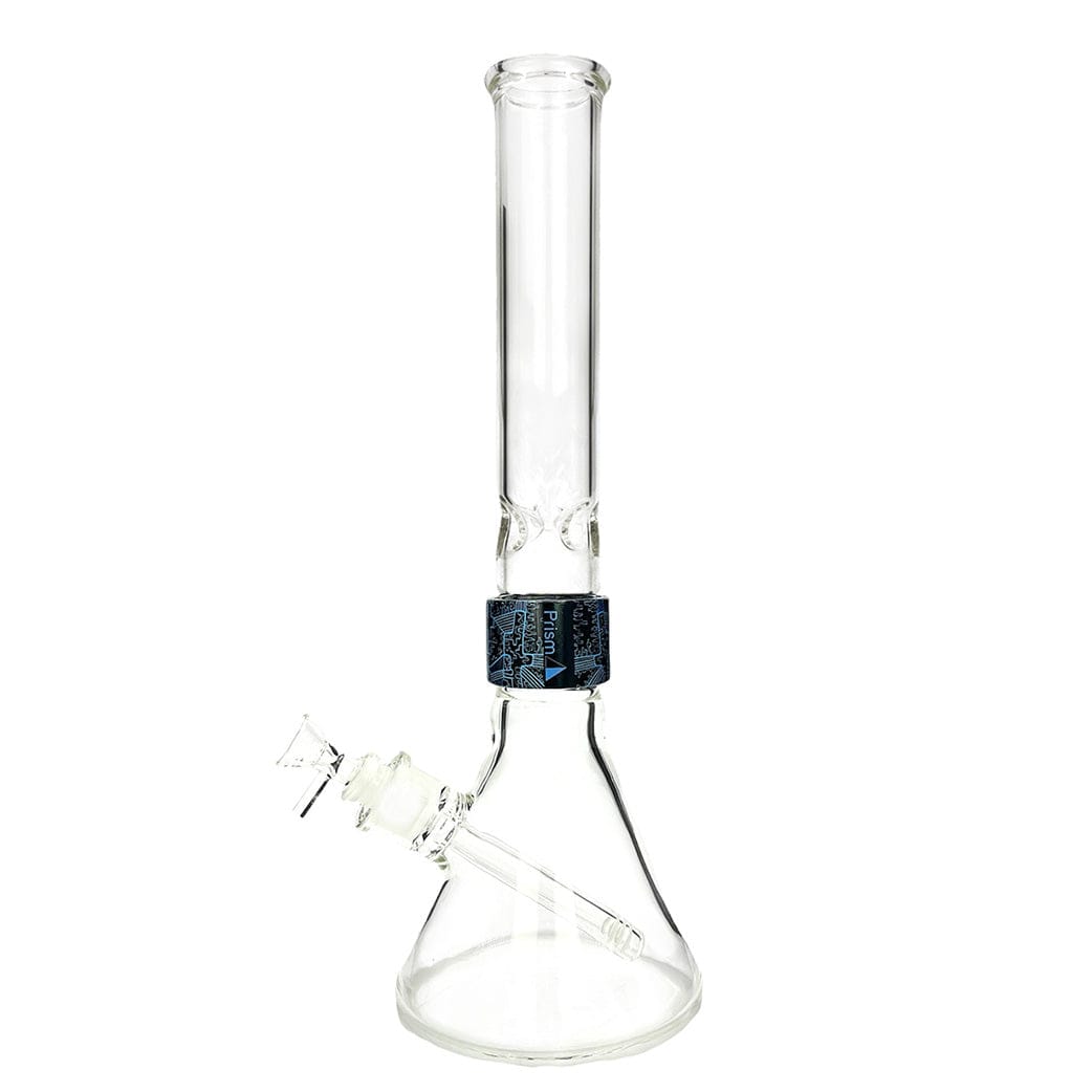 A studio shot of the CLEAR TALL BEAKER SINGLE STACK, displaying its simple, clear glass construction from a low angle.