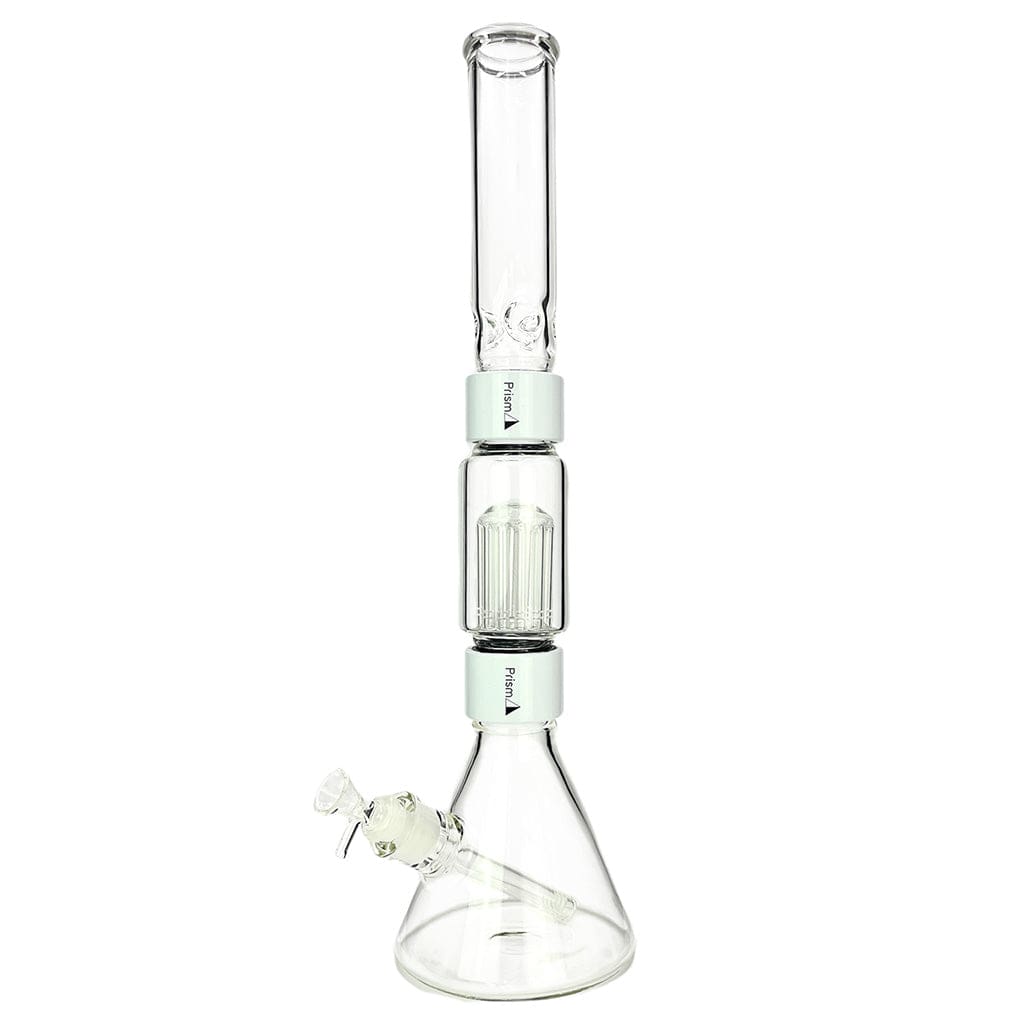 Straight-on studio shot of the Prism Beaker Double Stack showing its clear glass beaker base, stacked mid-section percolator, and tall straight neck on a white background.