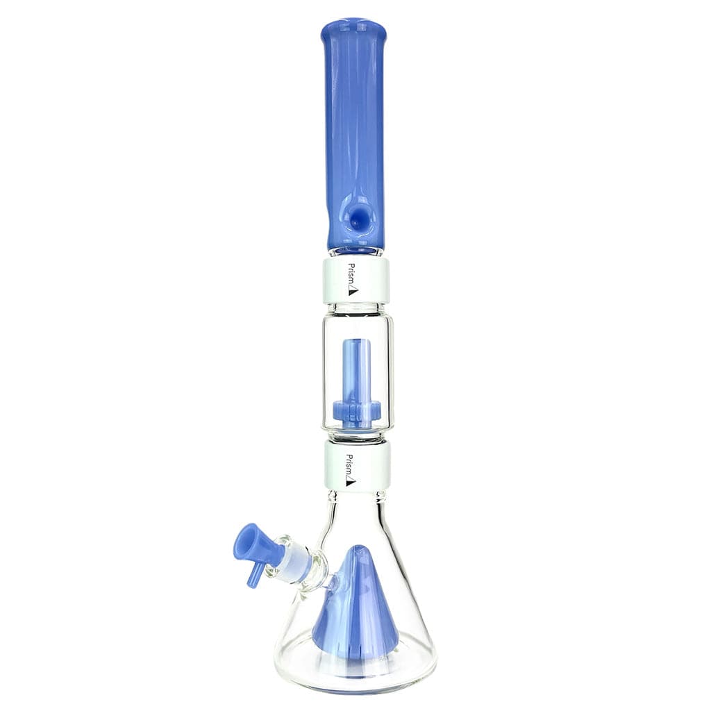 Straight-on view of the Prism Percolated Beaker Double Stack showing a clear glass beaker base and stacked blue percolators.