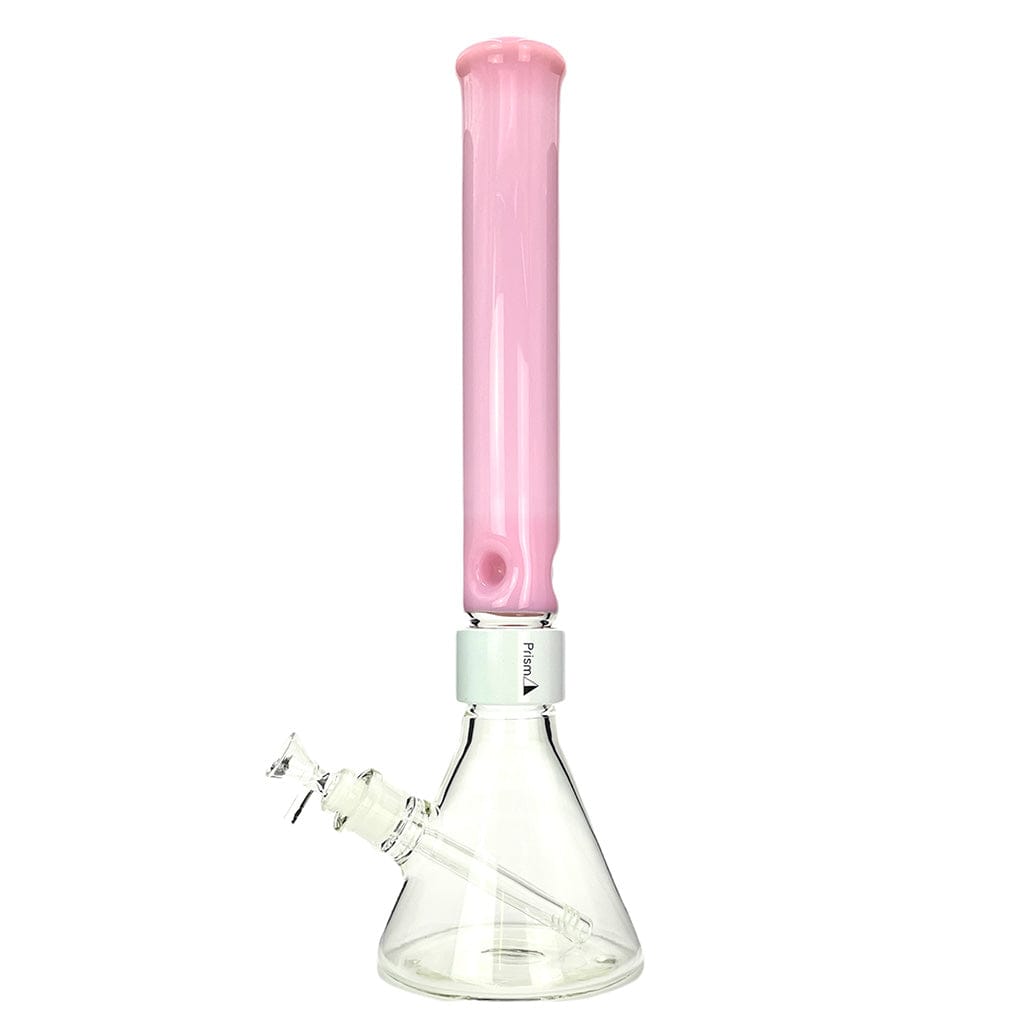 Front view of the Prism Halo Tall Beaker Single Stack showing a clear glass beaker base and a tall pink cylindrical neck against a white background.