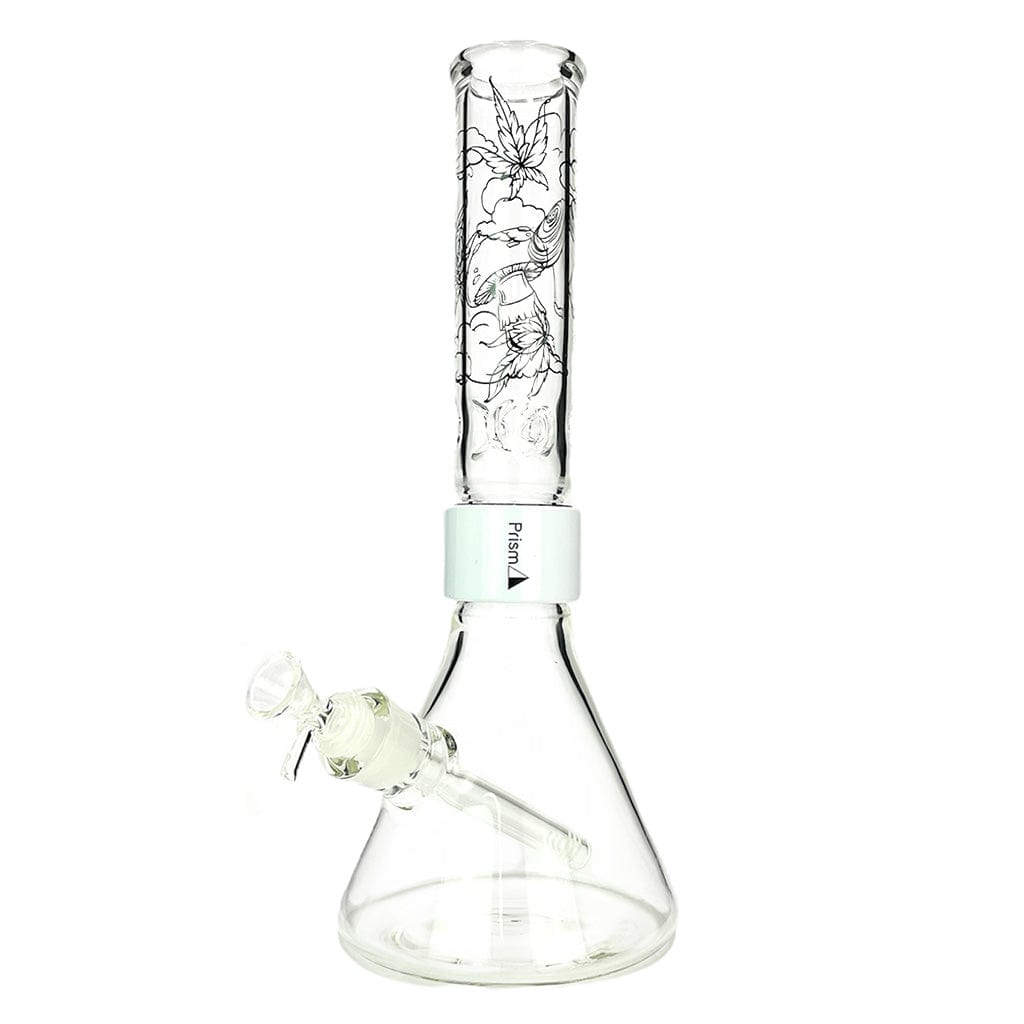 Front view of the Prism Halo Sky High Beaker Single Stack in clear glass with a floral-etched straight neck and white branded collar against a white background.