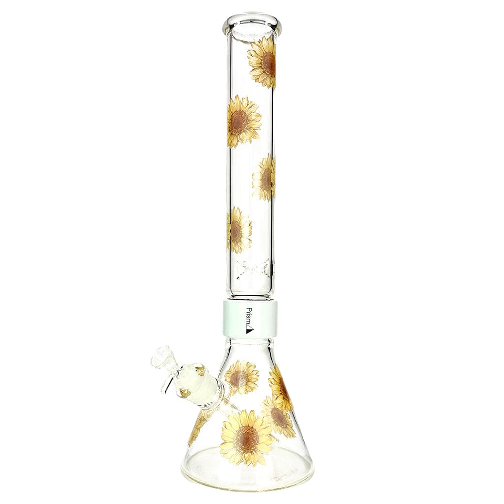 Straight-on view of the Prism Sunflower Beaker Single Stack showing its tall clear glass tube and beaker base decorated with yellow sunflower decals.