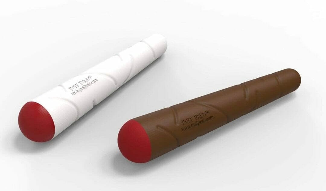 Angled top-down view of two cylindrical chew sticks, one brown and one white with red rounded tips, labeled "Doggie Doob."