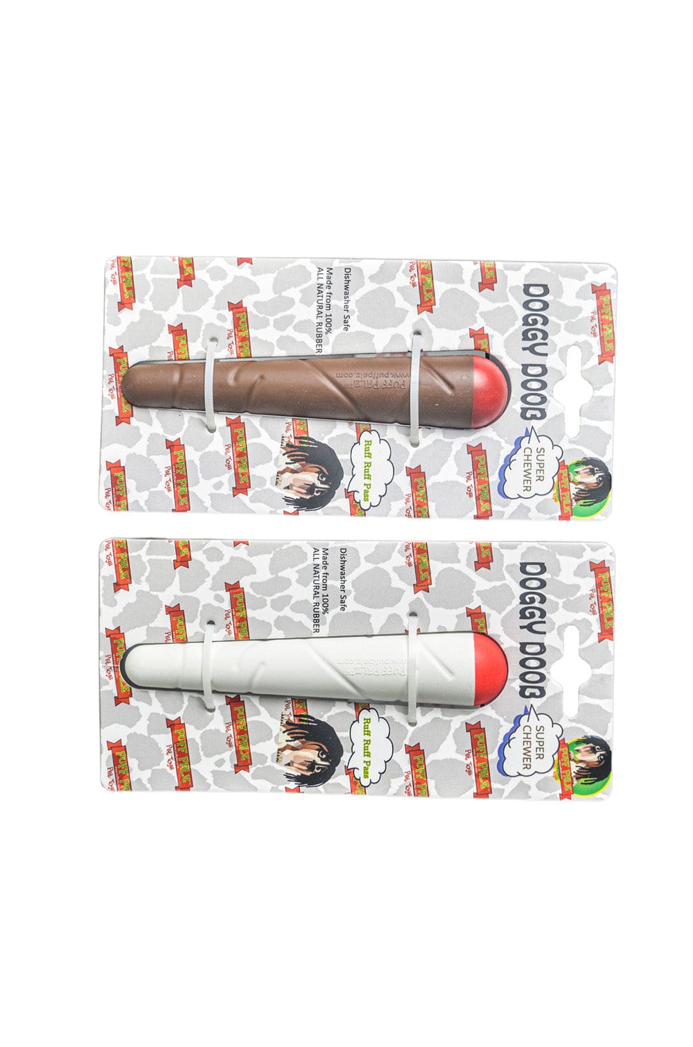 Top-down view of two packaged Doggie Doob dog chew toys, one brown and one white with red rounded ends, shown on patterned backing cards.