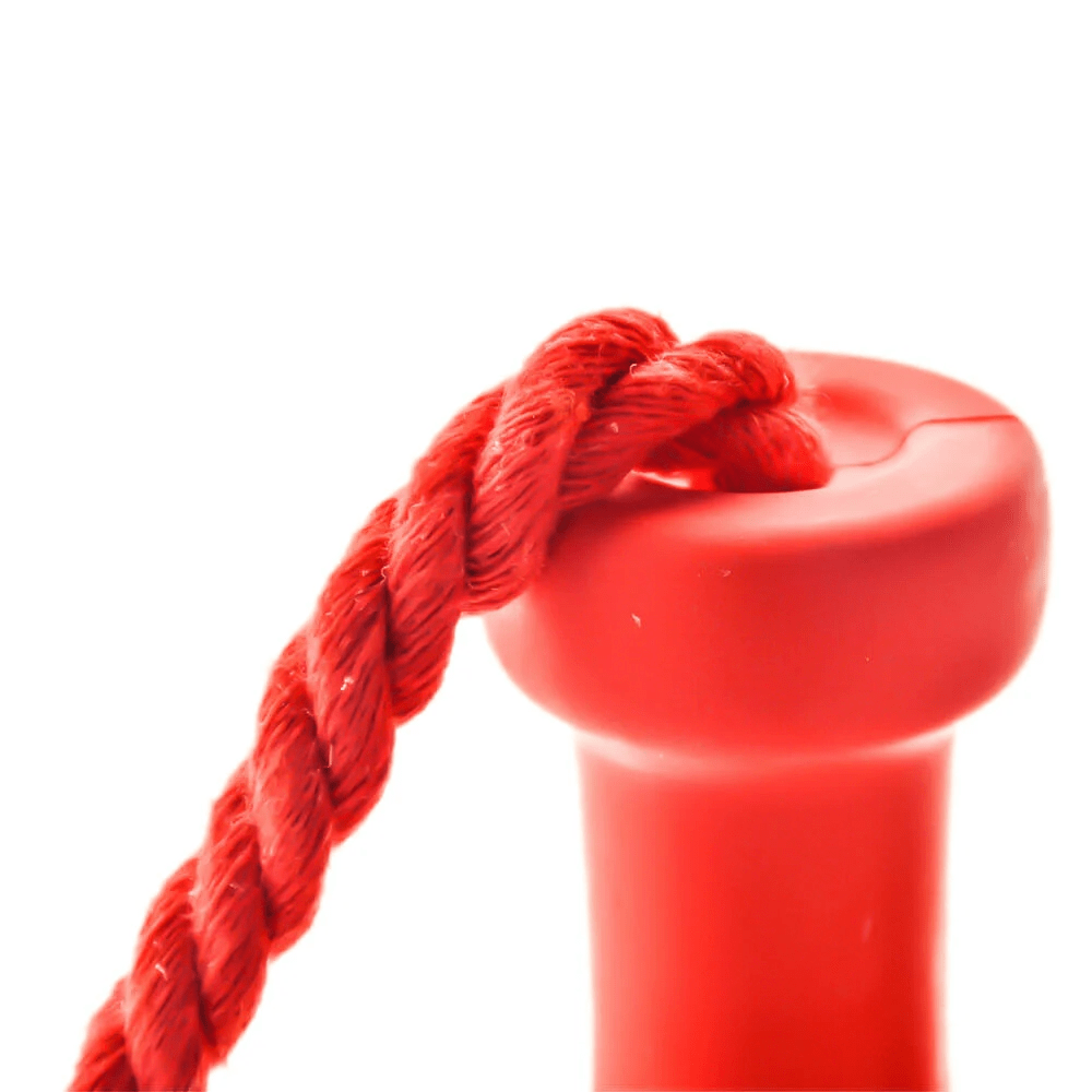 Close-up of a red rope looped through the top of the Tug & Toke, shown from a slightly elevated angle against a white background