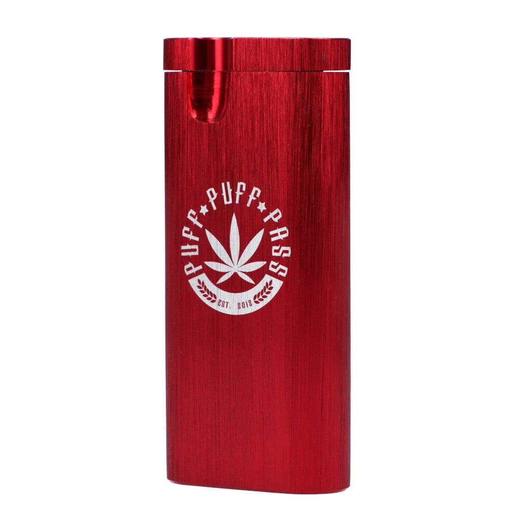 A close-up, angled view of the Aluminum Dugouts, showcasing its sleek, metallic red finish and cylindrical shape.