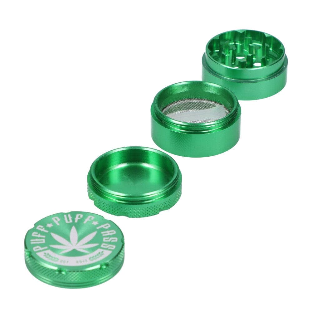 A top-down view of the 3 Stage 40mm Aluminum Grinder, showcasing its multi-tiered, silver metallic construction.