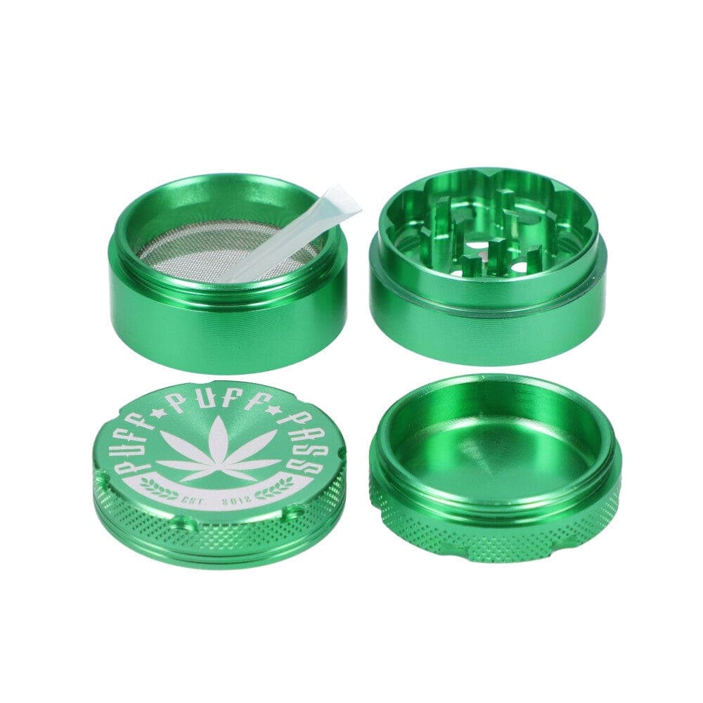 A close-up, top-down view of the 3 Stage 40mm Aluminum Grinder, showcasing its multi-tiered, metallic silver design.