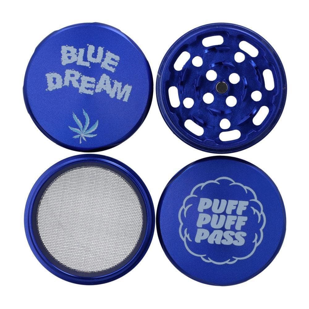 Top-down view of the four-piece Blue Dream 55mm 3 Stage Grinder in metallic blue showing the lid with "BLUE DREAM" text, grinding chamber, mesh screen, and bottom piece printed "PUFF PUFF PASS."