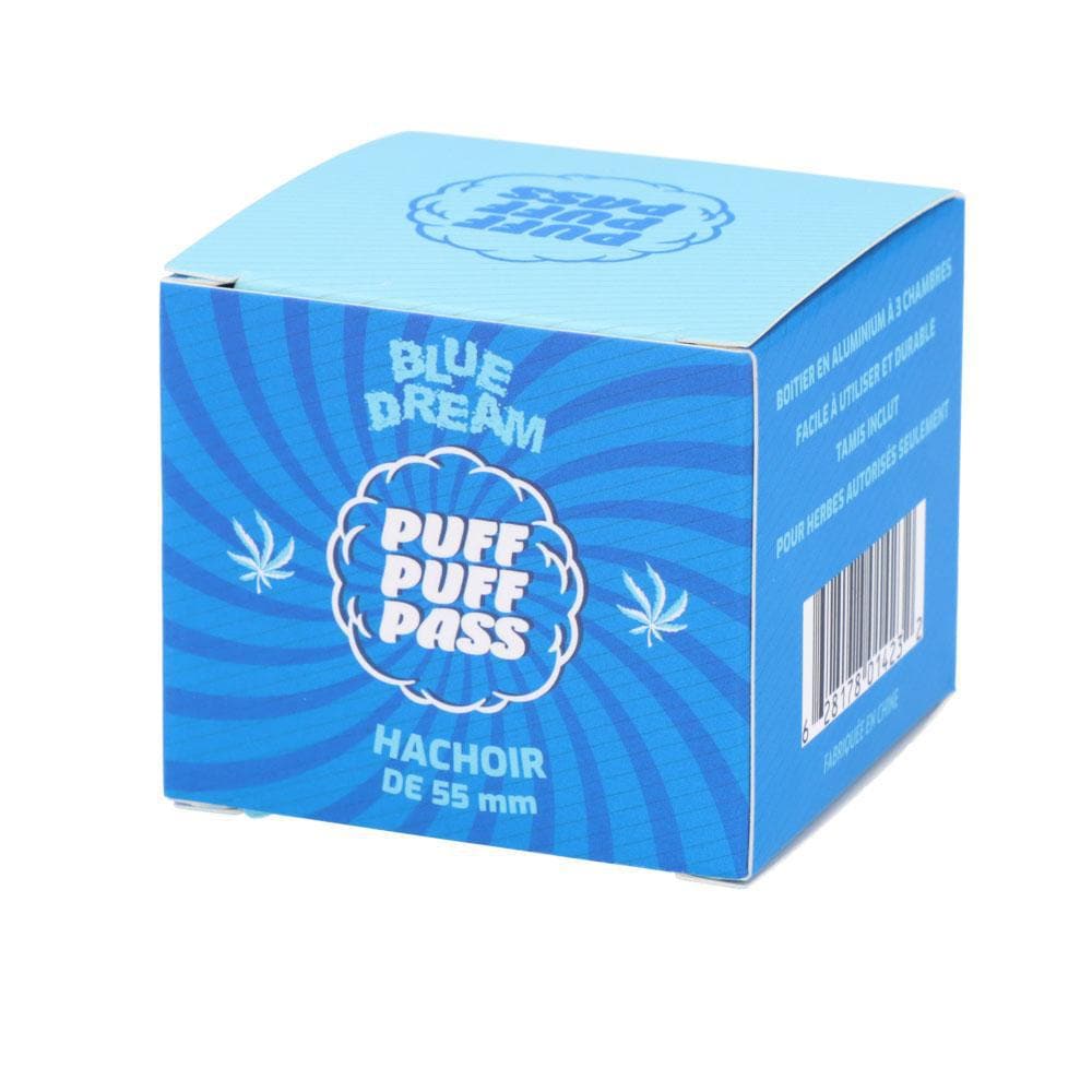 Angled front-right view of the bright blue Blue Dream 55mm 3 Stage Grinder box with "Puff Puff Pass" logo and barcode visible.
