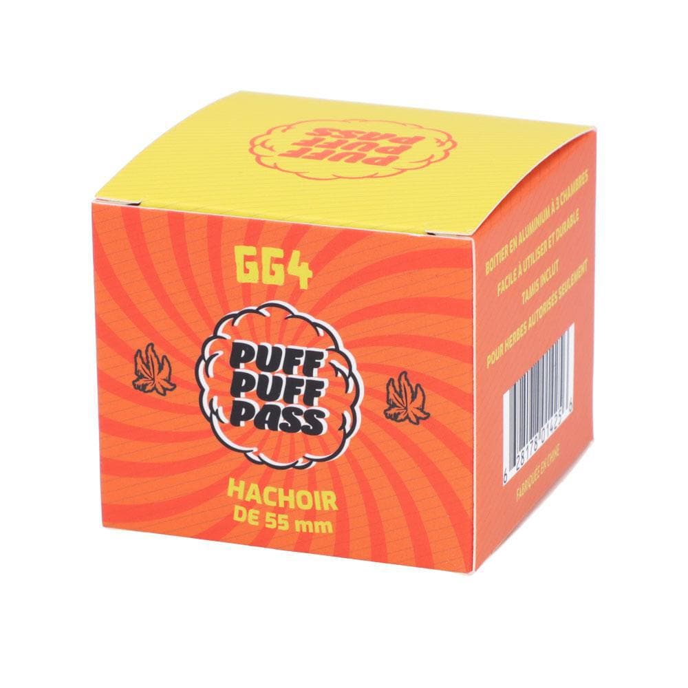 Three-quarter front view of the orange and yellow Puff Puff Pass GG4 55mm 3-Stage Grinder box showing the logo, "GG4" label and barcode.