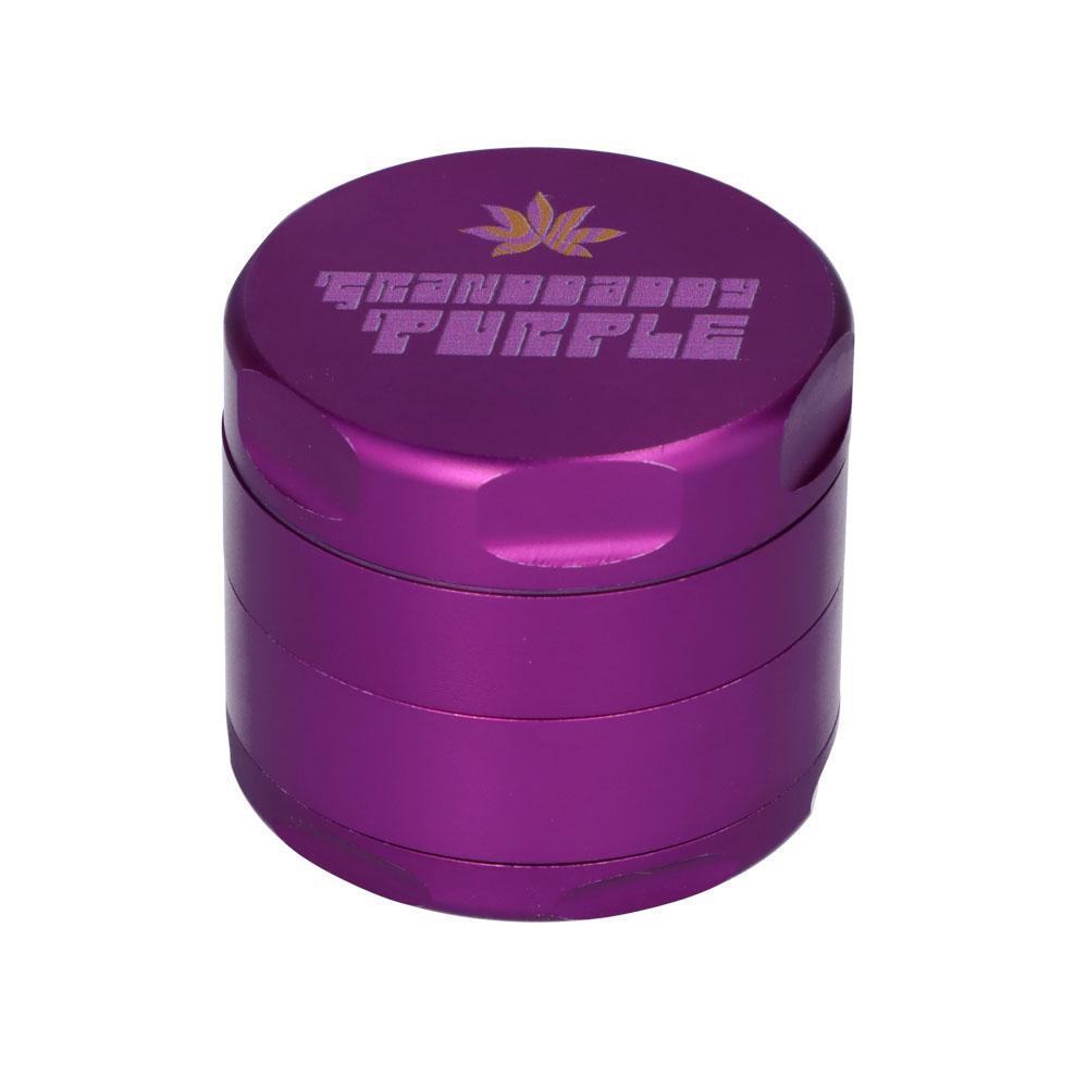 Front view of the Grandddaddy Purple 55mm 3-Stage Grinder, a cylindrical metal grinder with multiple tiers.