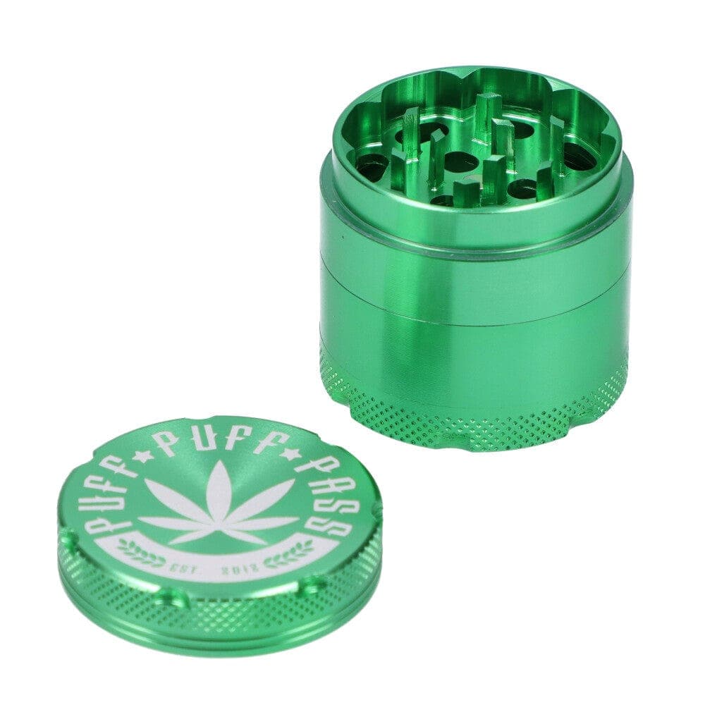 A top-down view of the 3 Stage 40mm Aluminum Grinder, showcasing its circular, multi-tiered design in a metallic finish.
