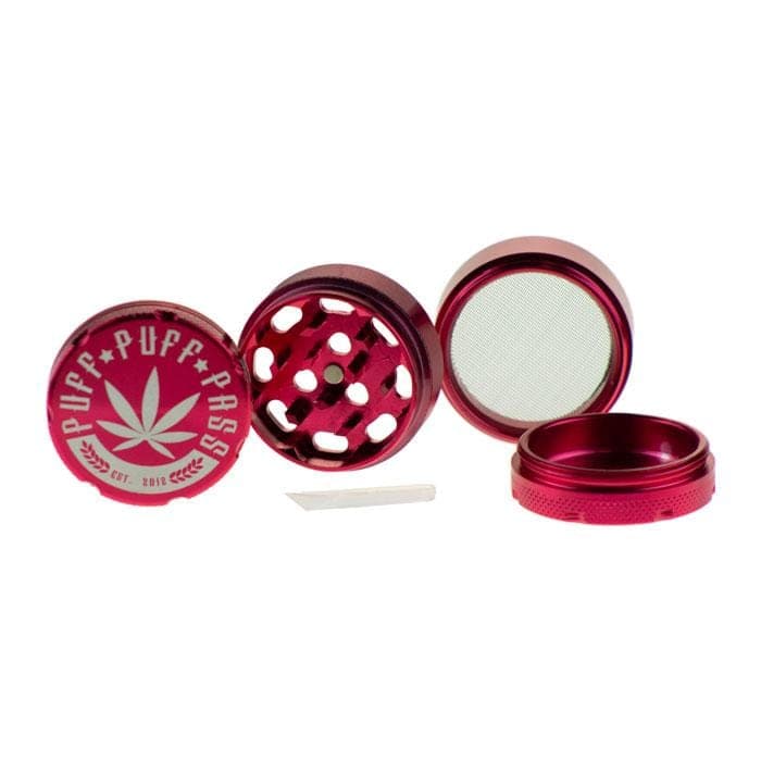 Opened view of the 3 Stage 40mm Aluminum Grinder, revealing its multi-tiered design and metallic finish.
