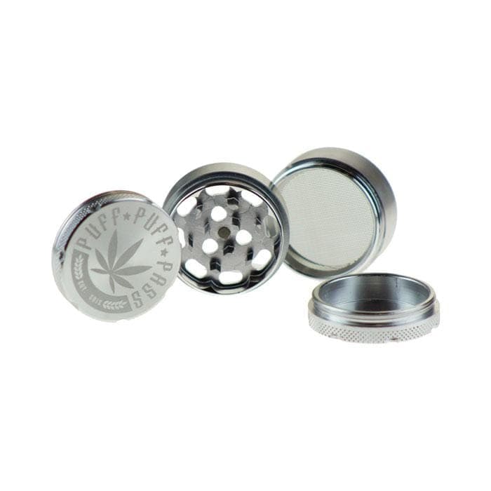 Opened view of the 3 Stage 40mm Aluminum Grinder, revealing its tiered internal structure and silver metallic finish.