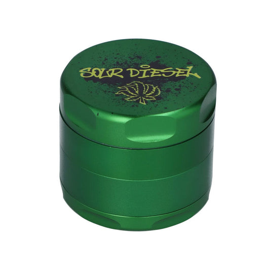 Front view of the Sour Diesel 55mm 3-Stage Grinder, a metallic green cylindrical grinder with multiple tiers.