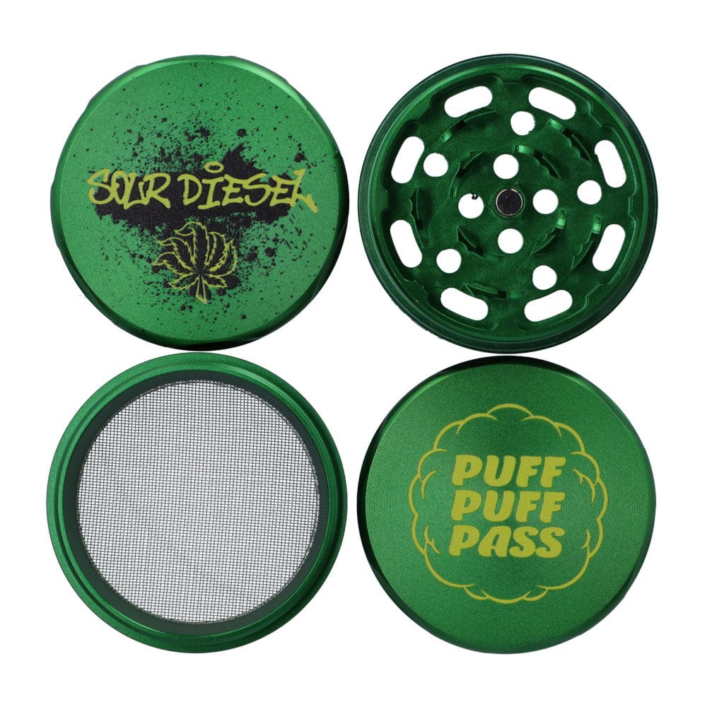 Front view of the Sour Diesel 55mm 3-Stage Grinder, showing its metallic finish and multi-tiered design.