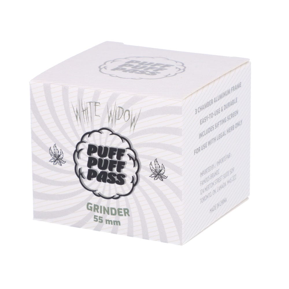 Angled three-quarter view of the white Puff Puff Pass White Widow 55mm 3-Stage Grinder box showing spiral graphics, logo and printed product details.