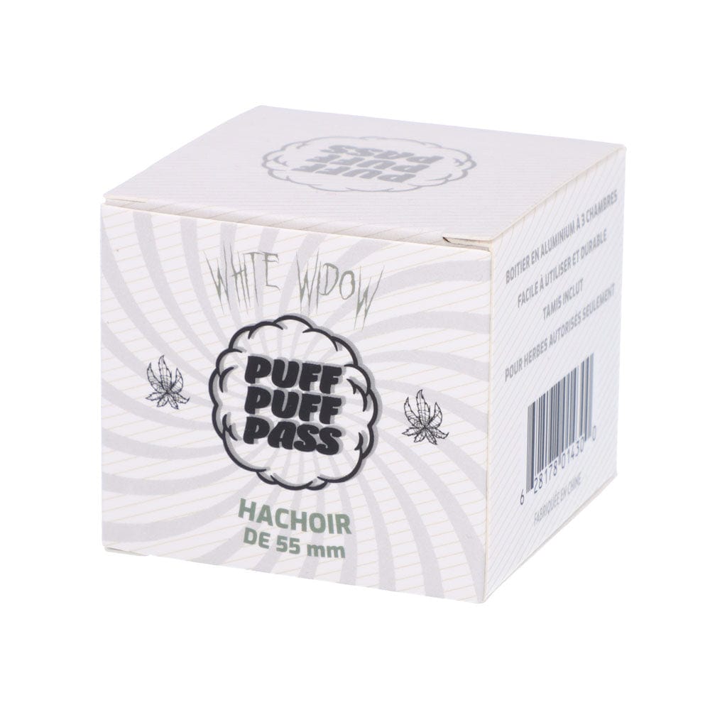 Three-quarter view of the white Puff Puff Pass White Widow 55mm 3-Stage Grinder retail box with spiral background and barcode on the side