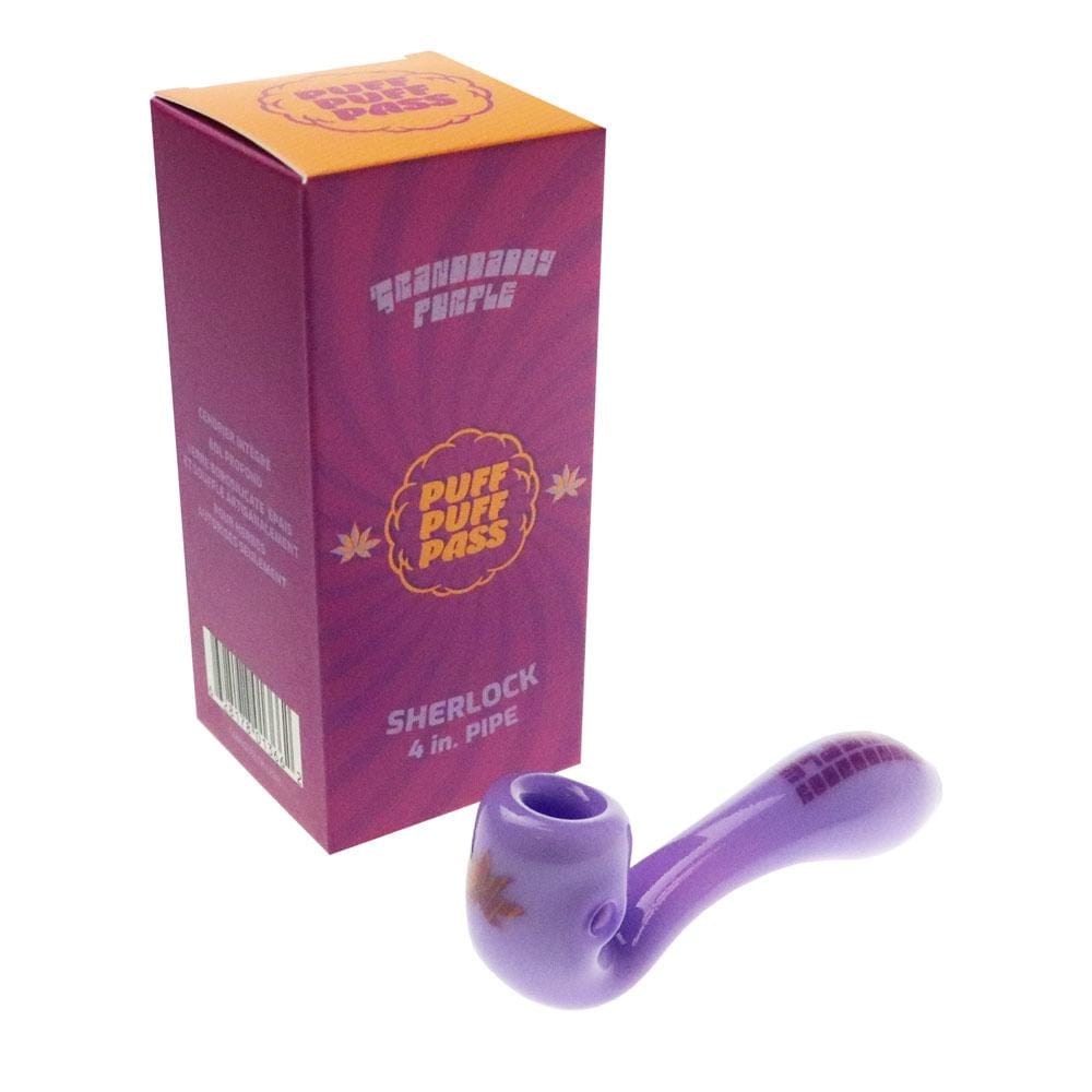A close-up, angled view of the 4” Sherlock Hand Pipe, showcasing its smooth, purple-glazed ceramic construction.